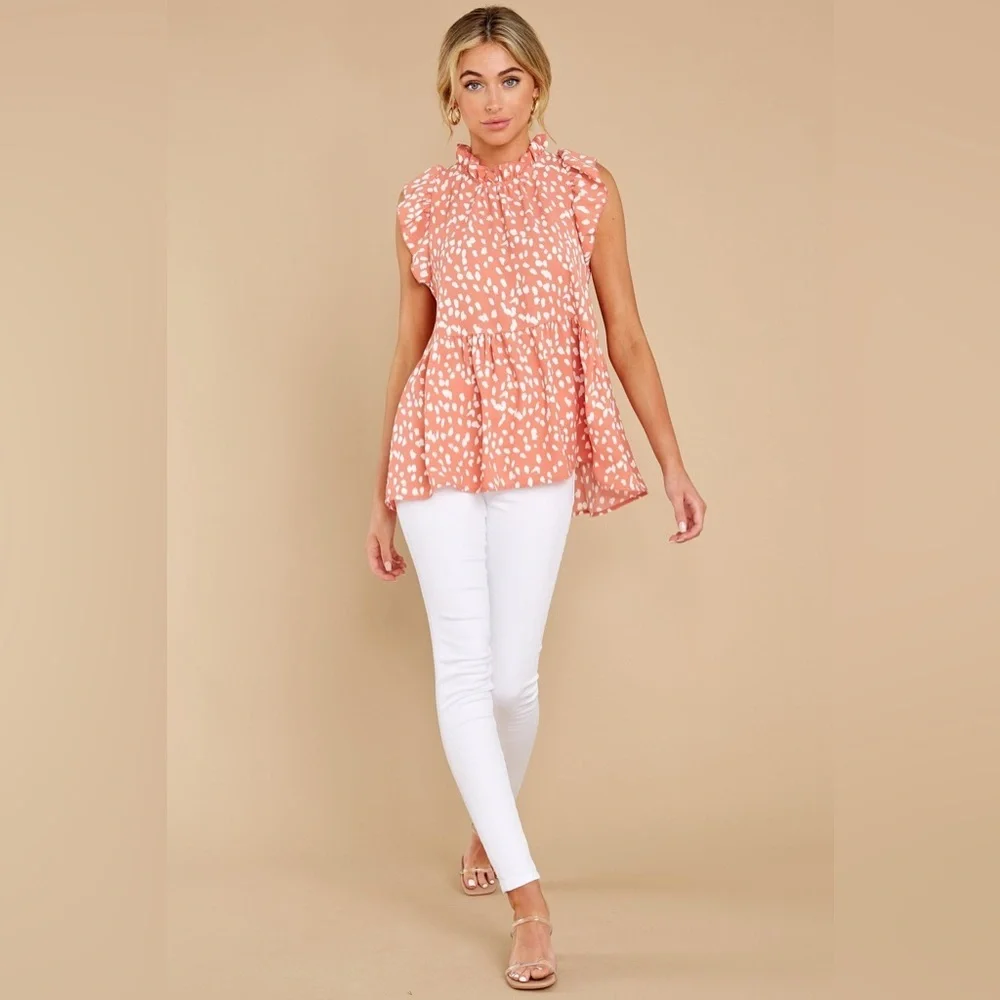 Entro Boutique Peplum Coral Print Top with Ruffles - Picture 3 of 5